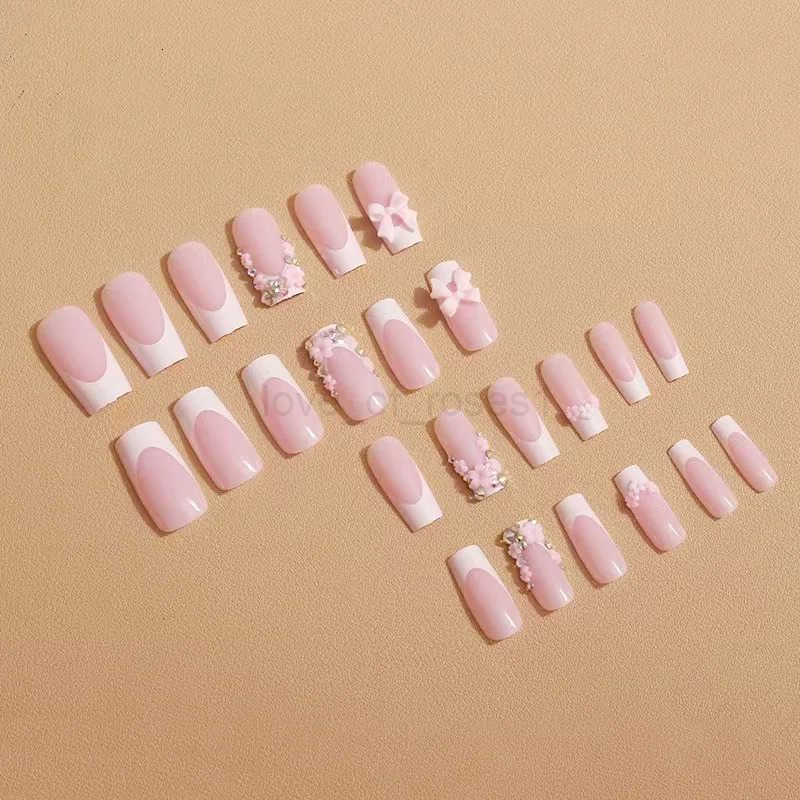 24pcs Nude Pink False Nails Patches 3D Bowknots Flower Press On Nails New Wearable White French Style Fake Nail Tips Z250807