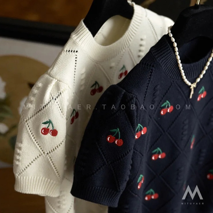 Summer Embroidery Short Sleeve Sweater Women T-Shirt Harajuku Streetwear O- Neck Casual Loose Slim Soft Knit Tops Pullover 250806