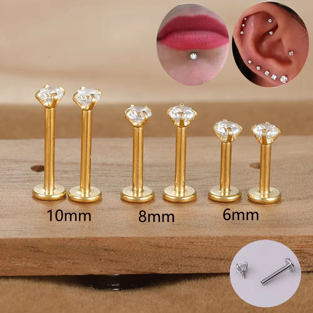 2PC Labret Tragus Stud Earrings 16G Stainless Steel CZ Crystal Monroe Helix Cartialge Conch Medusa Lip Body Piercing 250805