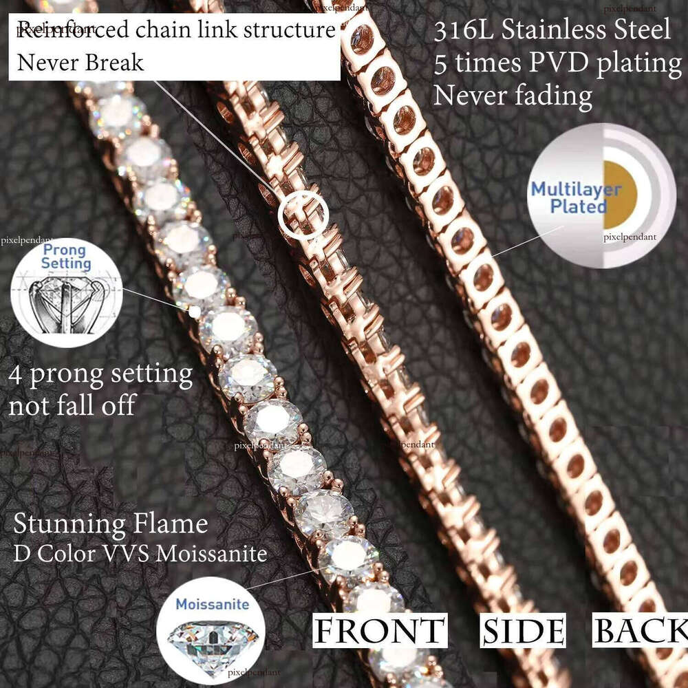 Non Tarnish Waterproof Jewelry PVD Gold Plated Stainless Steel VVS Moissanite Dia Classic Tennis Bracelet Chain Necklace