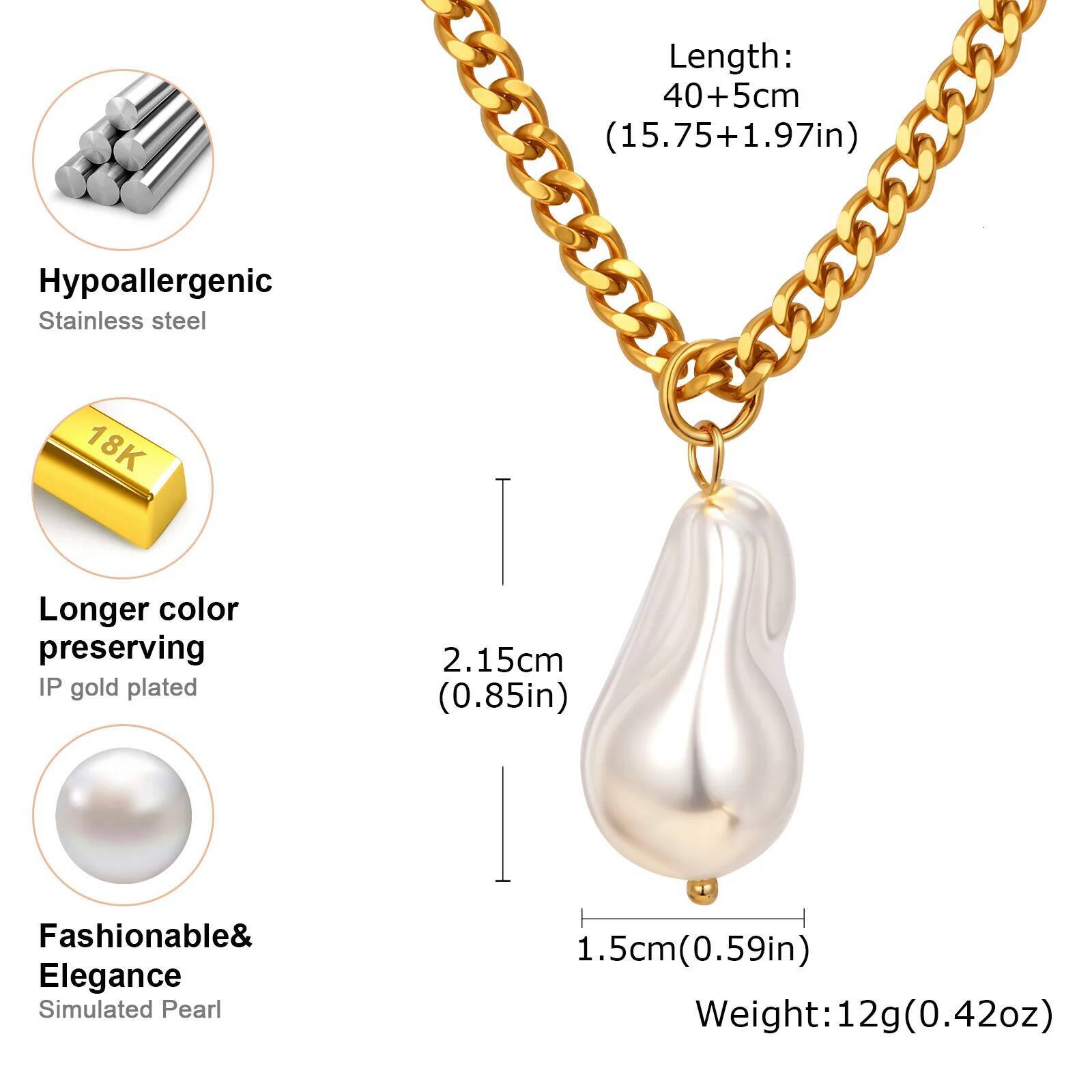 Vnox Fashion Irregular Simulated Pearl Pendent Necklace Stainless Steel Coarse Chain Simple Neck Jewelry For Women Daily Jewelry for Women