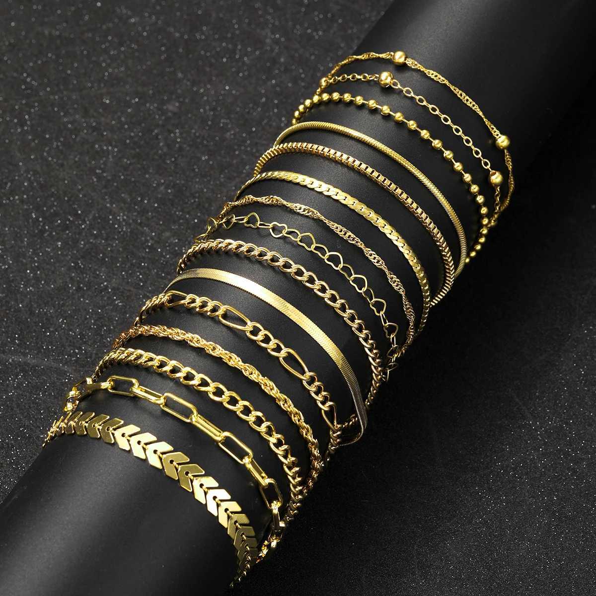 15pcs Vintage Elegant Gold Color Heart Snake Chain Bracelet Set Simple Multi Bracelets For Women Fashion Daily Wear Jewelry Gift W250807