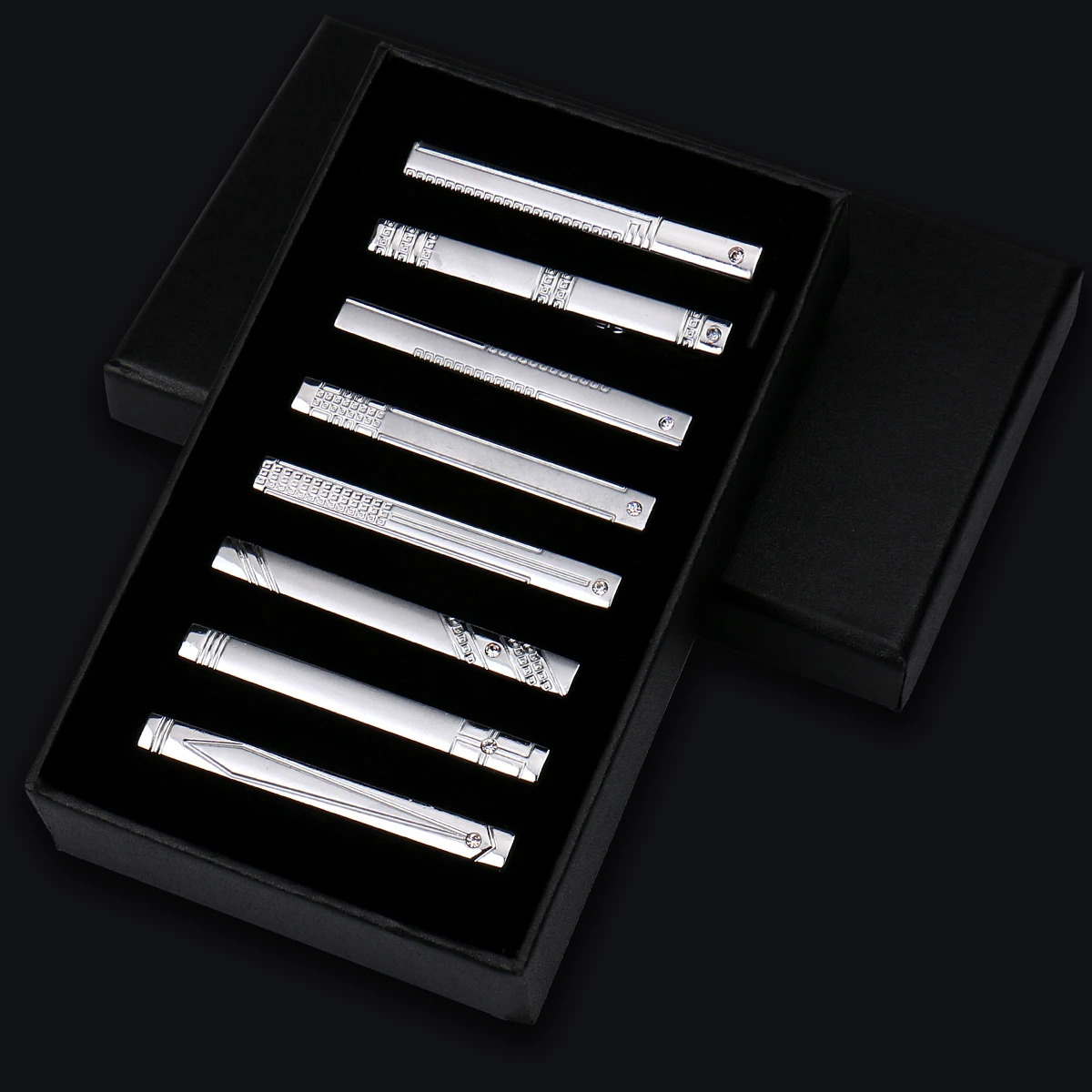 8pcs Tie Clips Metal Diamond With Box For Men Wedding Mens Necktie Clips Set Chrome Stainless Steel Jewelry Gentleman Ties Pin 250806