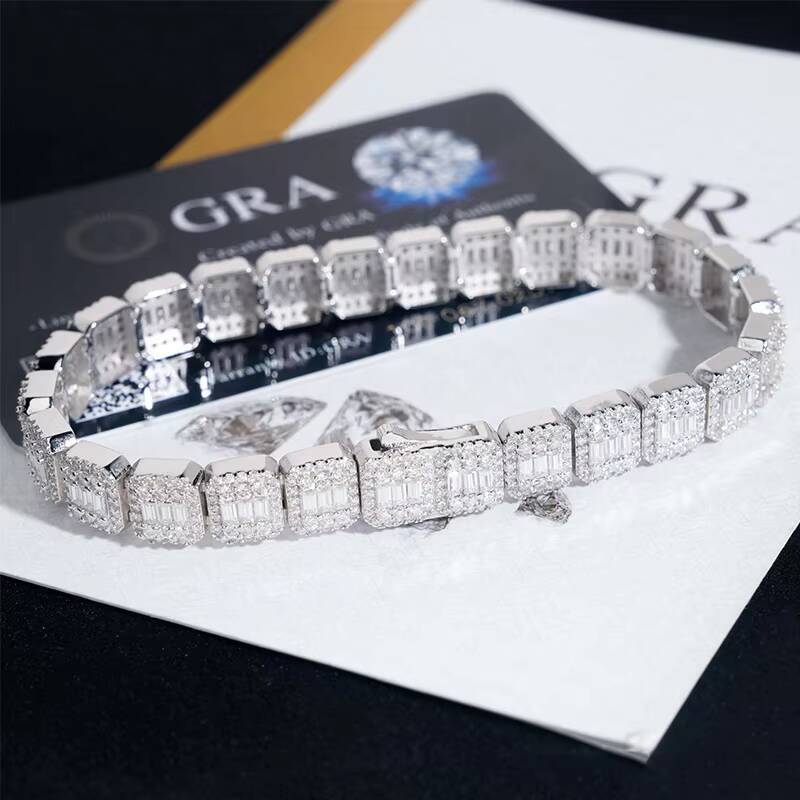 Hip Hop Jewelry 9mm White Gold 925 Silver Cluster VVS Baguette Moissanite Diamond Ice Out Tennis Bracelet for Men Women