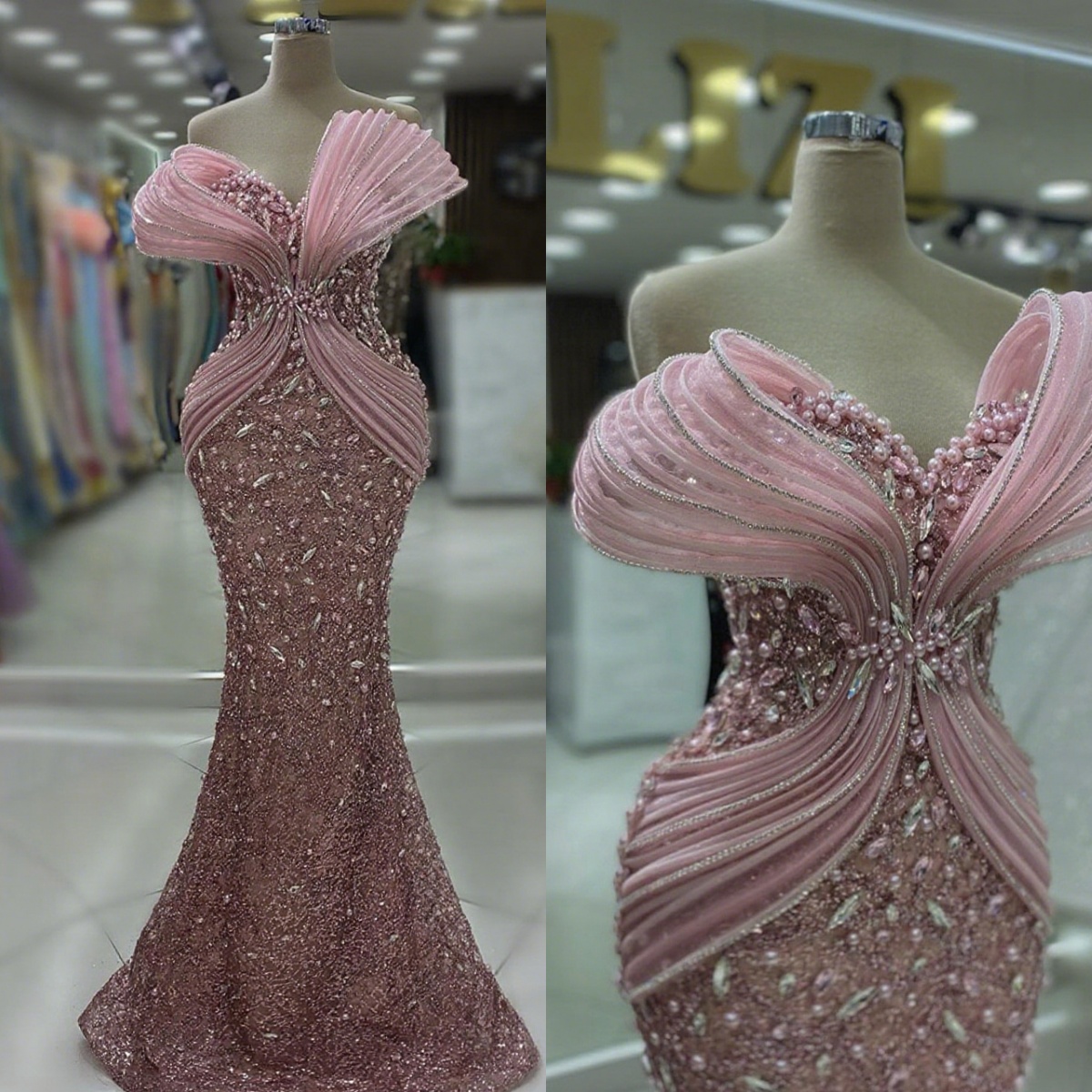 Luxury New Elegant Pink Sequins Lace Mermaid Evening Dresses Strapless For Women Beaded Prom Dress Party Gown Customized Vestido de novia