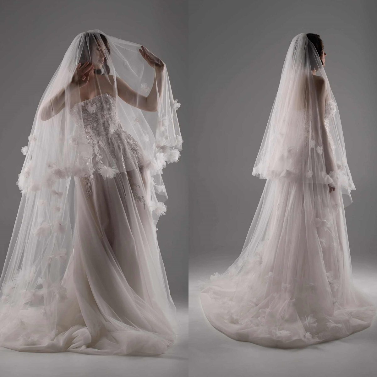 Elegant Wedding Veil 3D Appliques Two Layer Long Cathedral Length Bridal Veils Wedding Accessories Custom Made