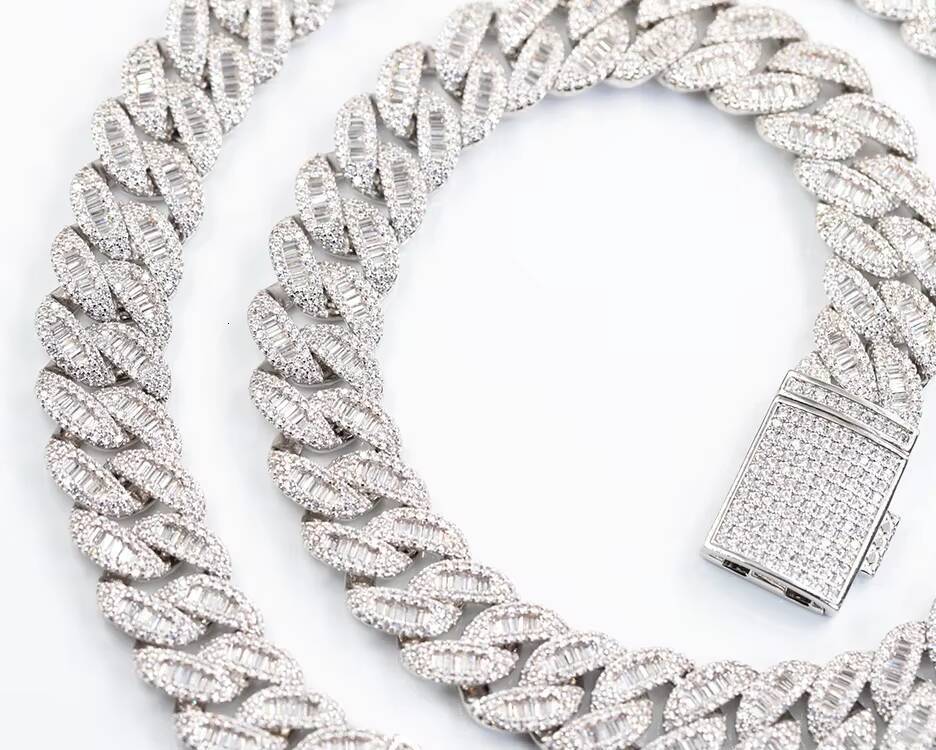 XINGGUANG Gems Customized 15mm Cuban Link Chain 925 Sterling Silver with baguette Moissanite Bling Diamond Hip Hop Necklace