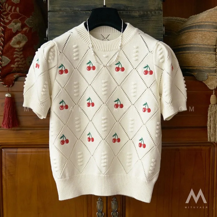 Summer Embroidery Short Sleeve Sweater Women T-Shirt Harajuku Streetwear O- Neck Casual Loose Slim Soft Knit Tops Pullover 250806