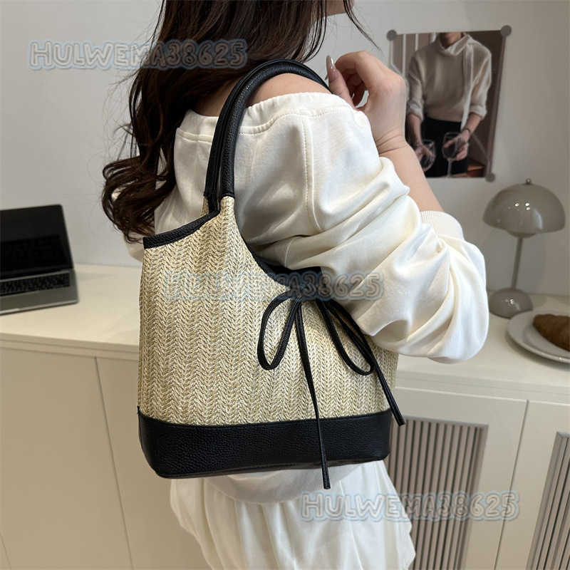 Summer 2025 Bowknot Underarm Bag for Women Fashionable Casual Large Capacity Handbag Niche Straw Woven Color-block Shoulder Bag H250806