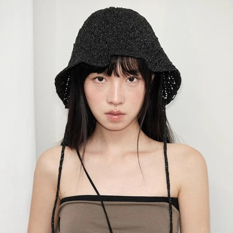 Korean Version Simple Lace-up Solid Color Bucket Hat Spring and Summer Thin Breathable Hollow Lace-up Beanie Cap for Womens 250805