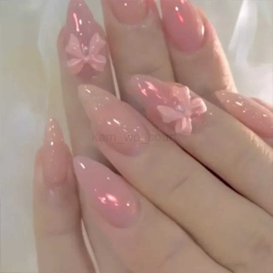 24Pcs Cat Eye Press-on Nails with Almond Head Bow Diamond Stick-on False Nails Sweet Pink French Full Cover Artificial Nail Tips M250807