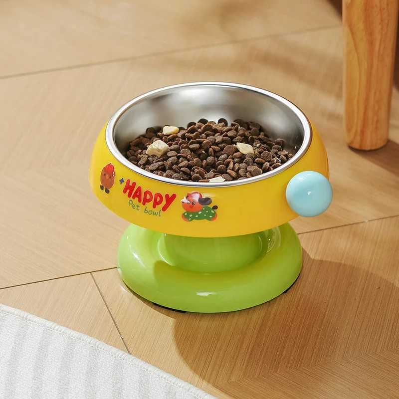 Raised Cat Food Bowl Stainless Steel - Non-Slip Tilt-Proof Pet Dish with Vibrant Colors Prevents Chin Acne Neck Care Y250806