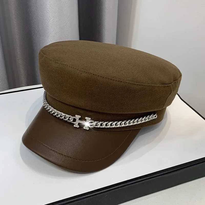 Autumn Winter Woolen Newsboy Hat for Women Vintage Solid Flat Top Berets with Chain Ladies Military Painters C 2022 XJ250807
