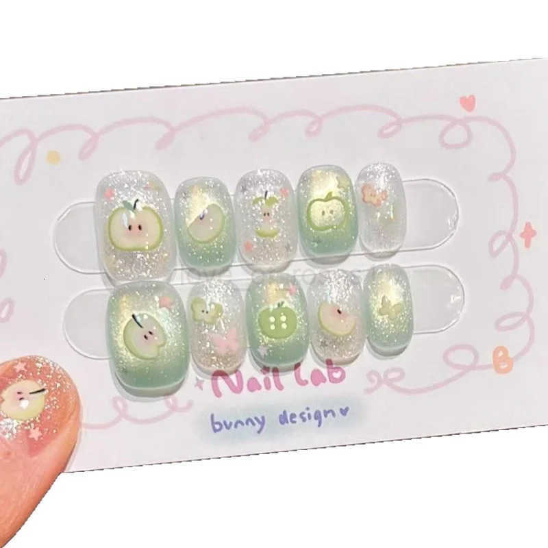 10 Pieces Summer Sweet Handmade Press On Nails Butterfly Green Fine Glitter Cat Eye Fake Nails Removable Reusable Z250807