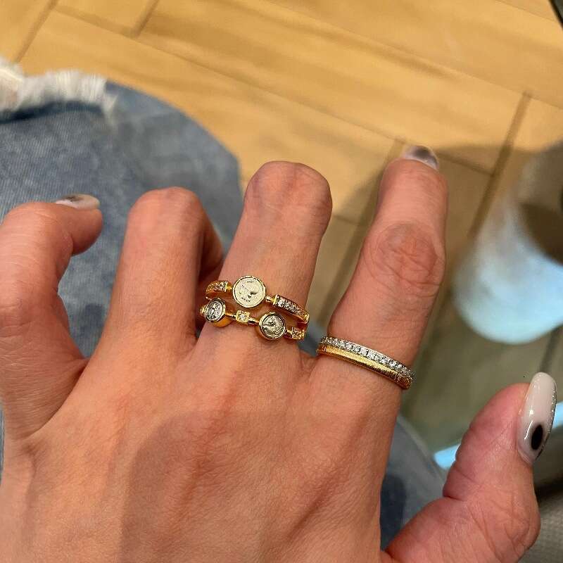Vintage Style Double Layer Athena Three Coins High-end Niche Personality Design Index Finger Ring
