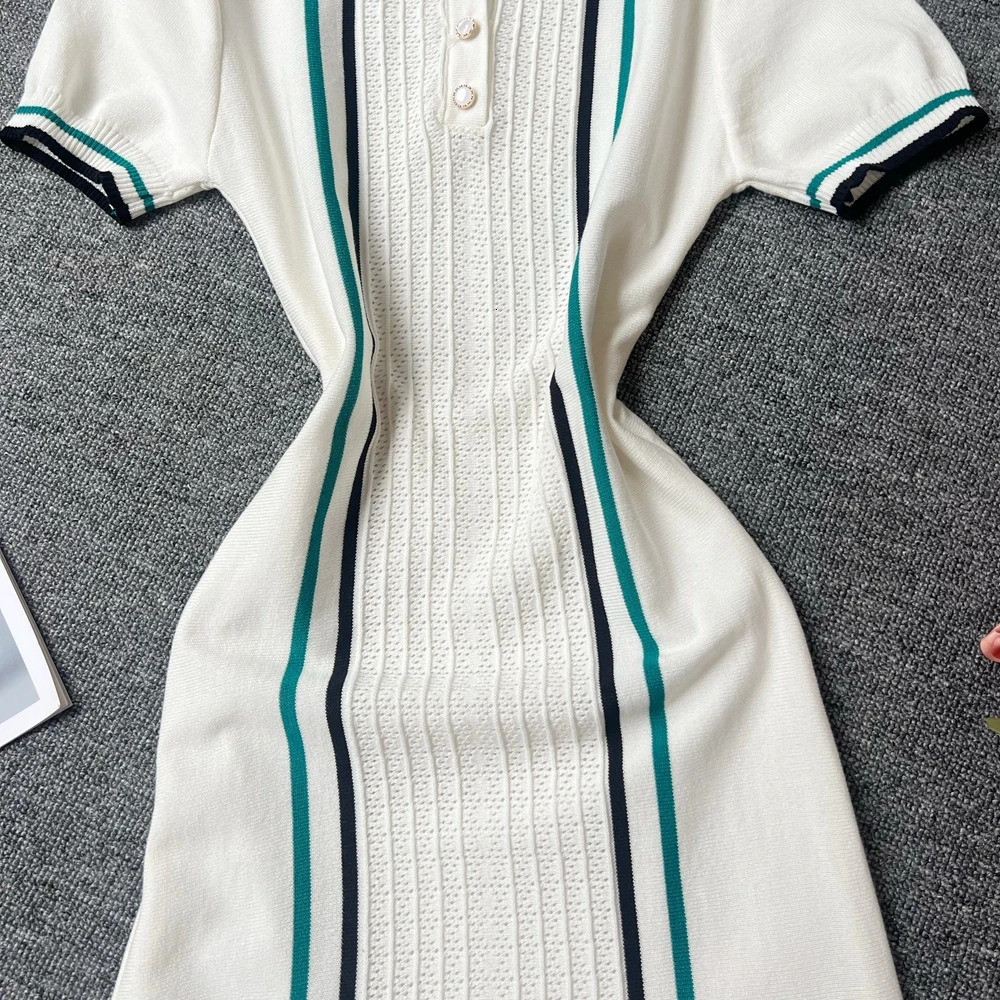 YuooMuoo Women Dress Summer Vintage Turndown Collar Knitted Mini Lady Slim Elastic Ruffled Bodycon Party Robes 250807