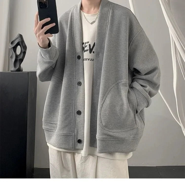 WalF Checks VNeck Cardigan Sweatshirt Mens Spring And Autumn Style American Vintage Heavyweight Hip Hop Trendy LooseFit 250807