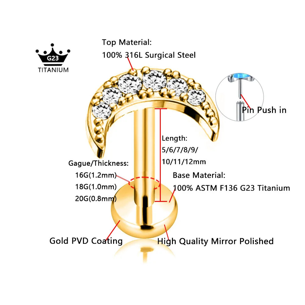 ASTM 36 G23 Flower Moon Butterfly Threadless Piercing Lightning Pin Push in Lip Stud Daith Conch Earring 16G 18G 20G 250805