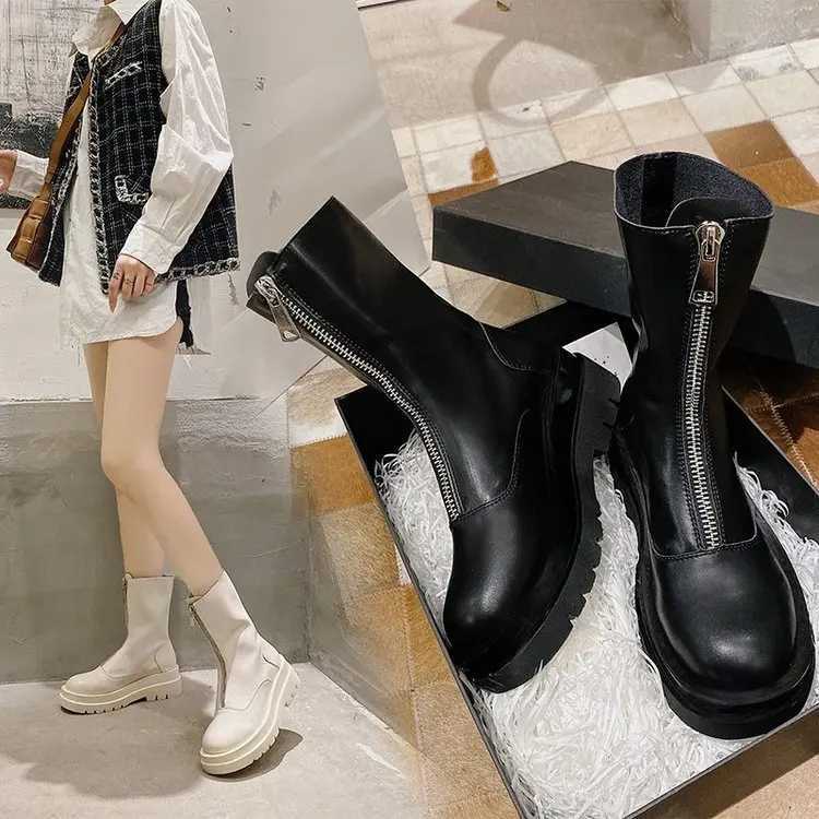 New Frt Zipper Chunky Platform Womens Boots Solid Black Beige Boots Women Round Toe High Heel Ankle Boots for Womenhu87 XJ250807