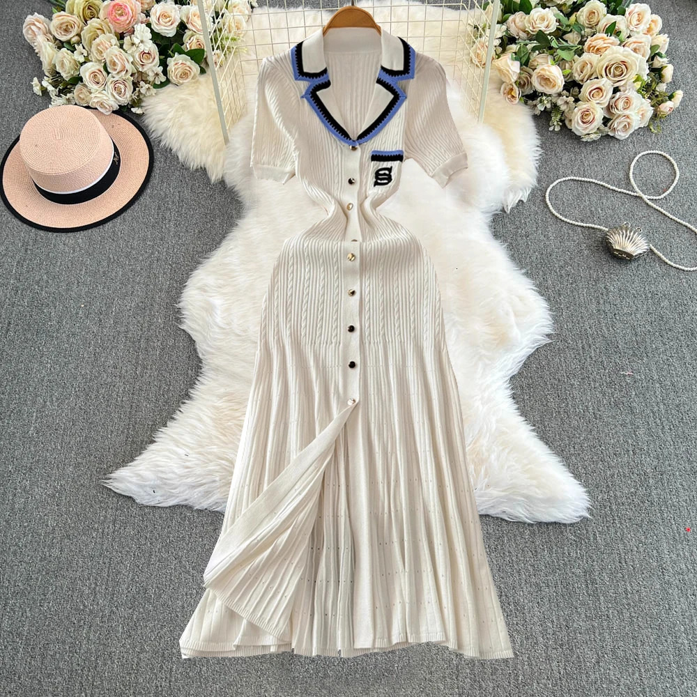 YuooMuoo Women Dress Arrival Women Knitted Maxi Dress Elegant Notched Embroidery Long Shirt Dress Lady Sweater Vestidos 250806
