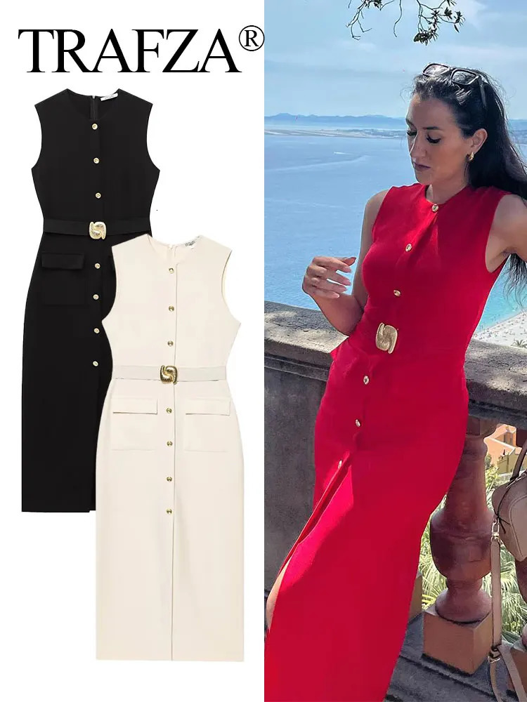 TRAFZA Female Summer Elegant Midi Dress ONeck Hem Slit With Belt Sleeveless Single Breasted Back Zipper Fashion Long 250807
