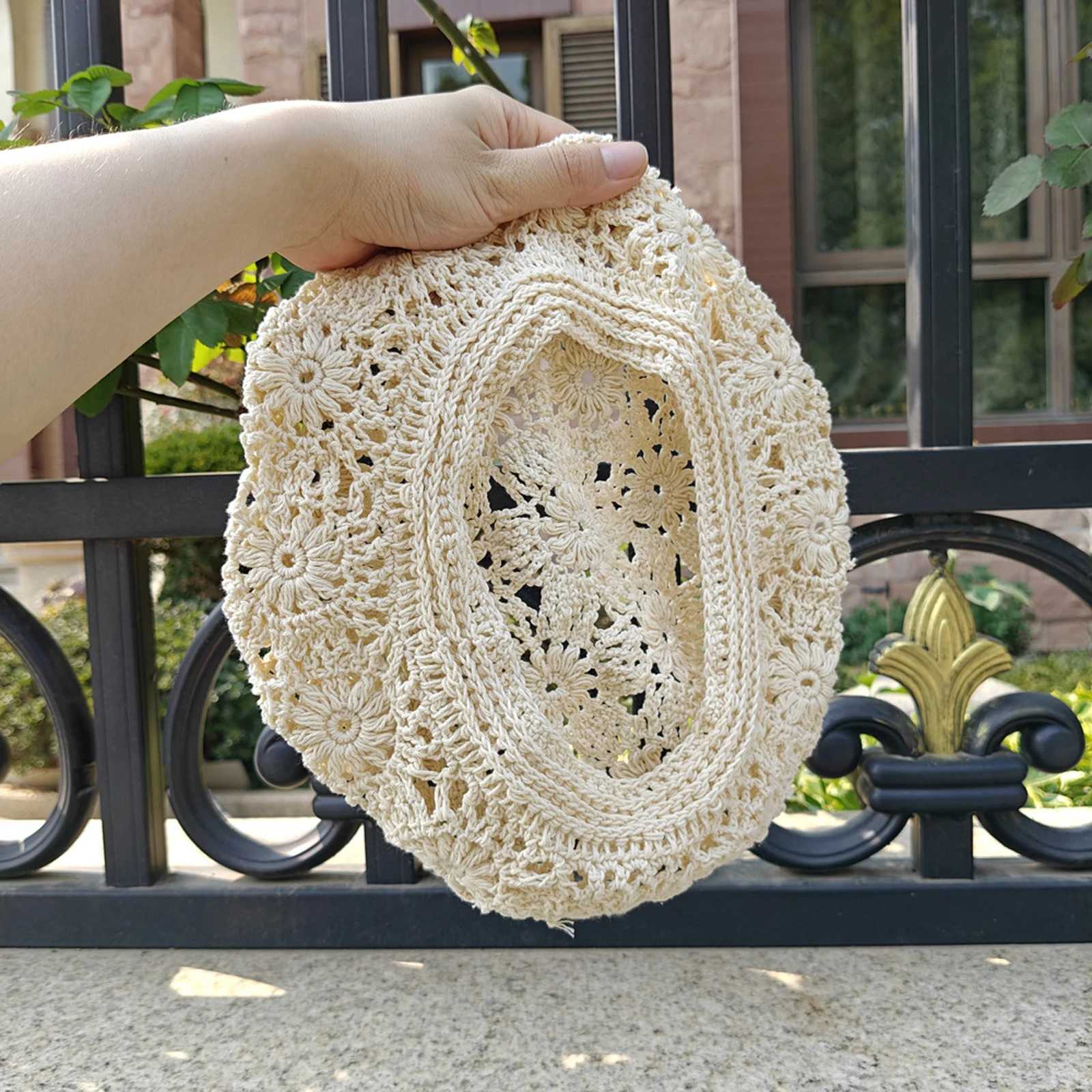 Elegant Hollowed Flower Crochet Knit Beret Hat Women Boho Ethnic Painters C Artist Hat for Summer Fall Holiday Beige Berets XJ250807