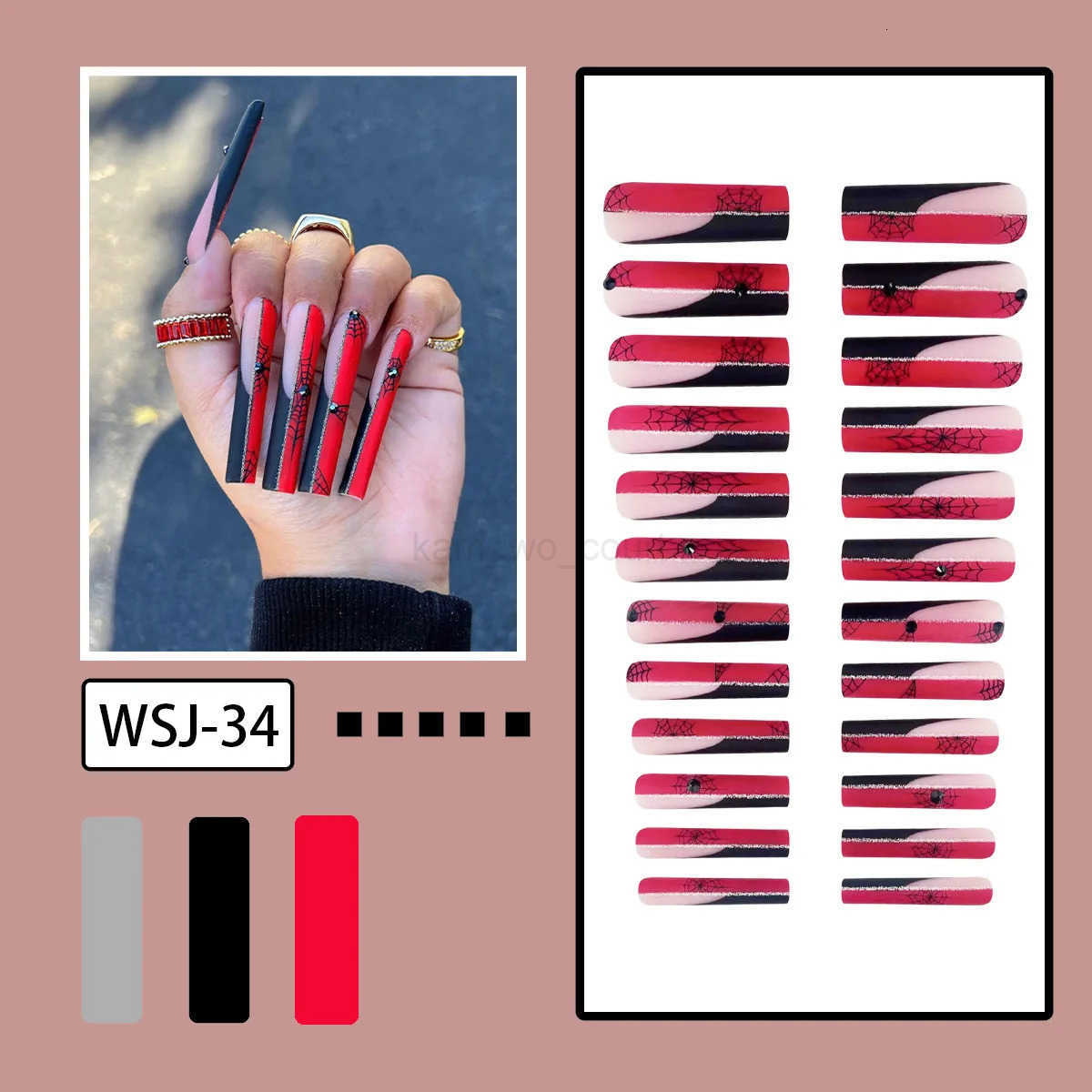 24pcs Extra Long Ballet Fake Nails Red Black Color Decoration False Nails Full Cover Wearable Halloween DIY Press On Nails M250807