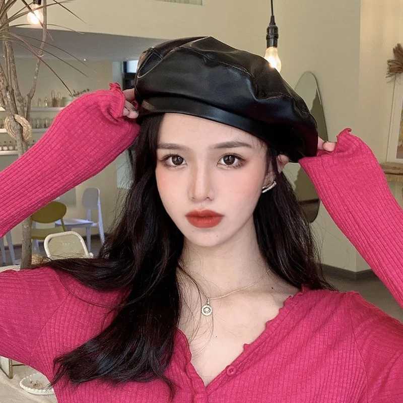 Women Pu Leather Beret Fashion Street French Artist Beanie Hat Autumn Winter Vintage Plain Beret C Solid Color Elegant Bonnet XJ250807