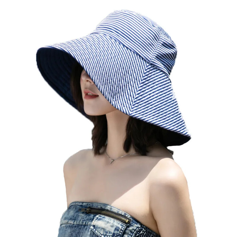 Double Side Wear Fisherman Hat For Women Solid Striped Bucket Hats Summer Female Anti-UV Wide Brim Sunscreen Cap 250805