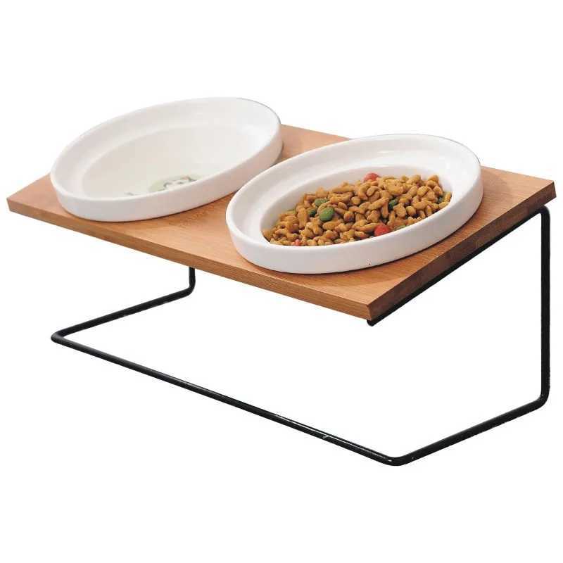 Cute Cat Bowl High-end Pet Bowl Bamboo Shelf Ceramic Feeding and Drinking Bowls for Dogs and Cats Pet Feeder Dog Double Bowls Y250806