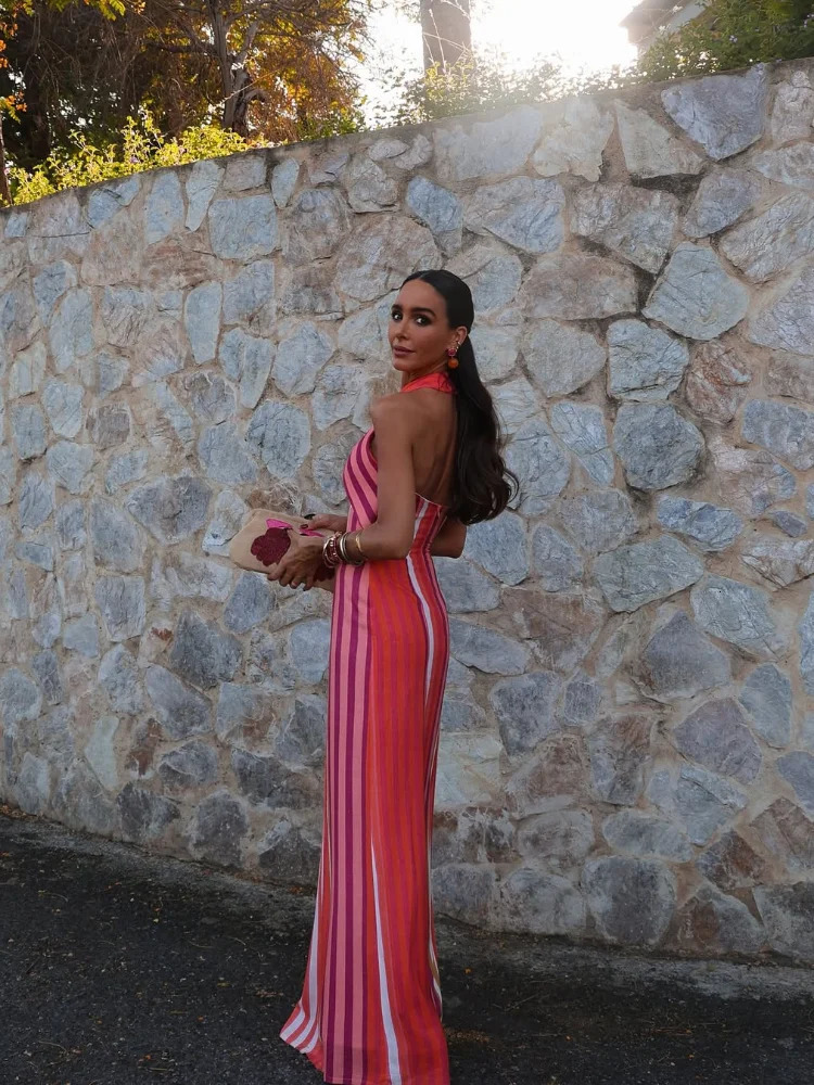 Contrast Color Stripe Sleeveless Halter Dress Summer Women Backless Lace Up Slim Long Dresses Lady Highstreet Party Robes 250728