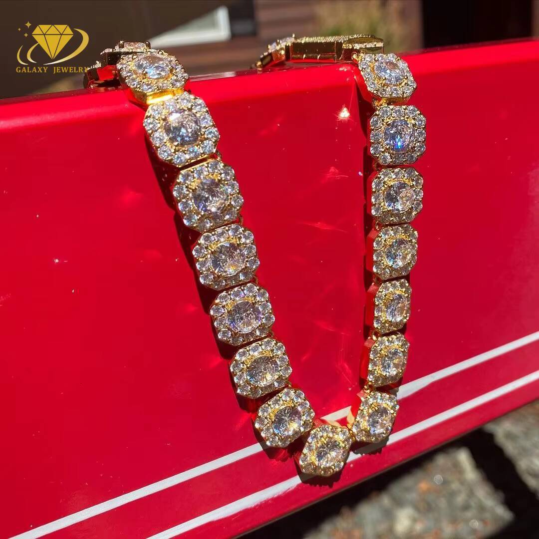 925 Sterling Silver Jewelry 10mm Moissanite Cluster Tennis Chain Vvs Diamonds Square Link Chain Hip Hop Necklace