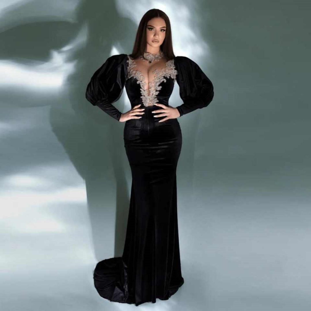 Velvet Prom Dress Mermaid Evening Dress Puff Sleeve V-Neck Sequins Appliques Crystal 3D Lace Prom Gowns Plus Size Customized vestido de novia L251767
