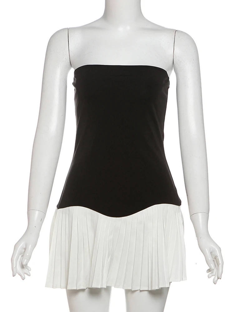 Nibber Elegant Women Dress Black White Patchwork Chest Wrap Backless Ruffles Y2K Girl Trend Chic Streetwear Mini Bodycon 250807