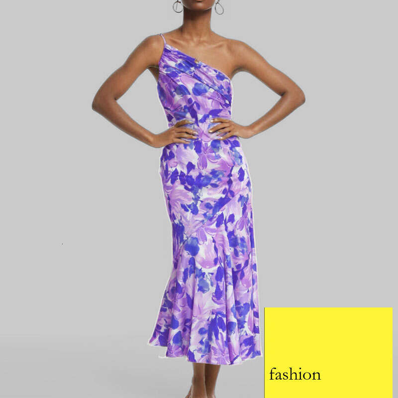 New Women's Sexy Strap Long Printed Asymmetrical Neck Mermaid Dress B5 h7