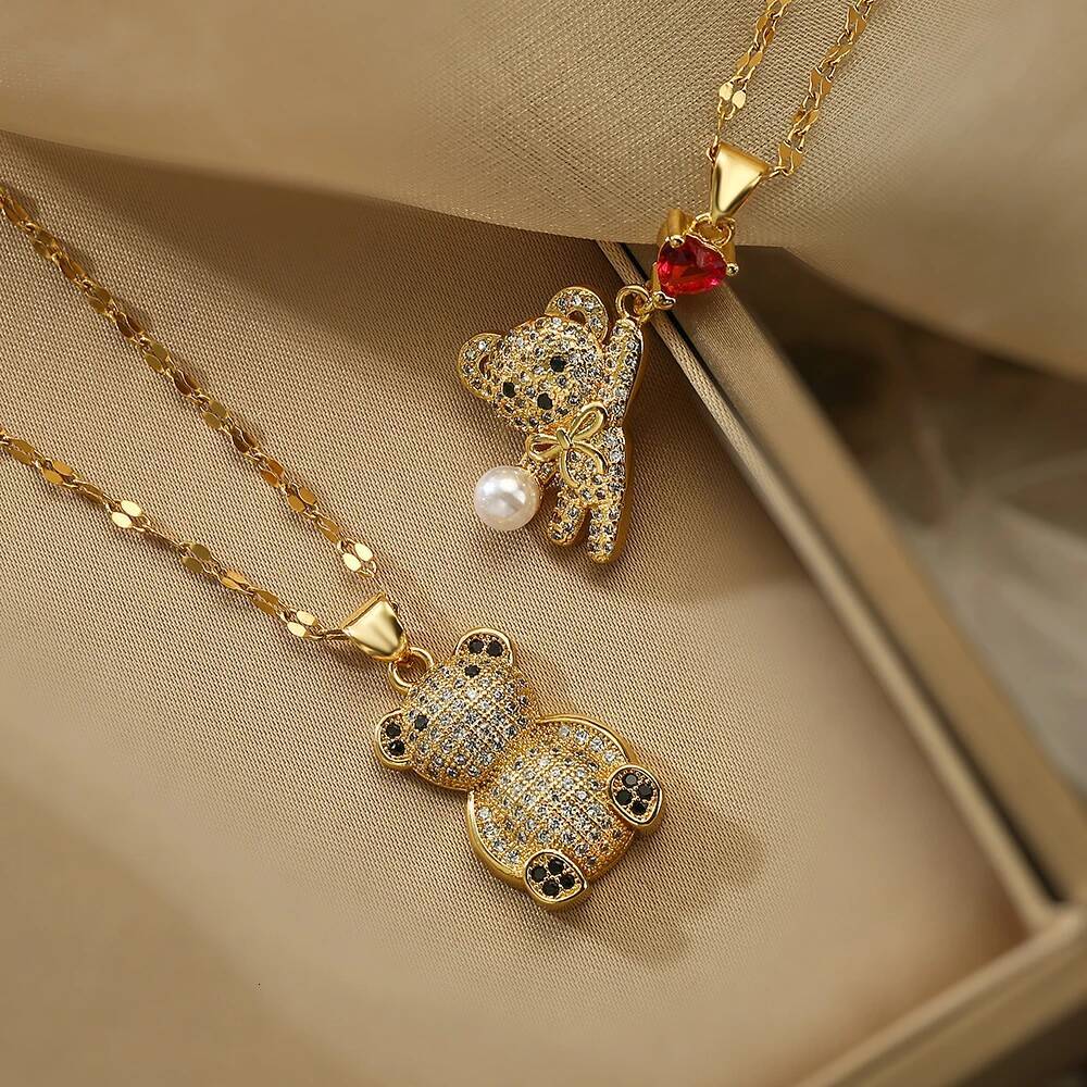 Vintage Little Bear Pendant Necklaces For Women Girls,Glamorous Design With AAA Cubic Zirconia ,Delicate Party Vacation Jewelry Jewelry for Women