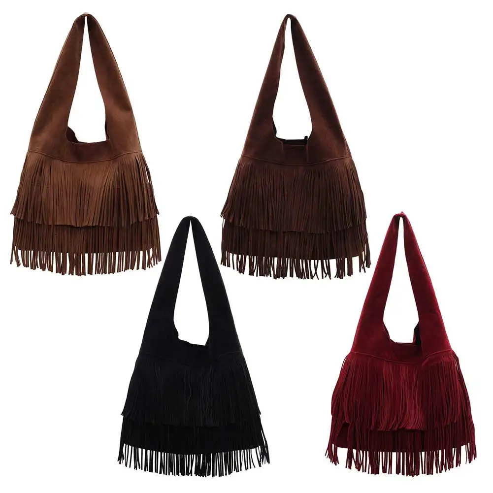 Women Frosted Tassel Shoulder Bag Faux Suede Fringe Underarm Bag Large Capacity Travel Tote Handbag Female Shopping Bag 250807