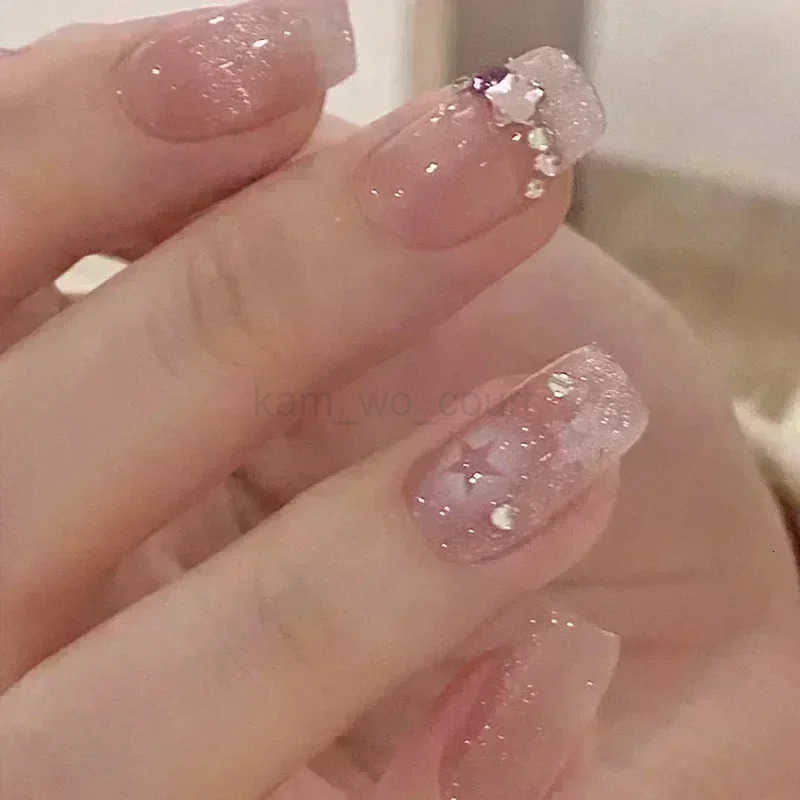 24Pcs Glitter Diamond Press On Nails Sweet Cute Girl Acrylic Nails Full Cover Short Square Fake Nails Wearable Manicure Nail Tips M250807
