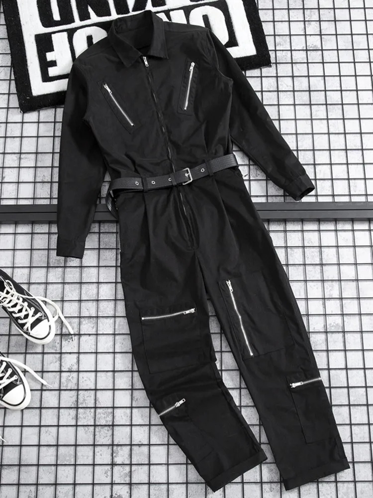 Lovers Cargo Jumpsuit High Street Solid Color Loose Overalls Set MultiPockets Full Sleeve Zipper Straight Pants Male M2XL 250804