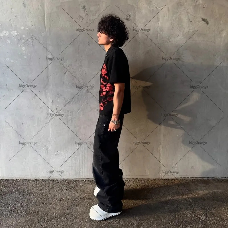 Retro Harajuku Goth Punk Oversized Cotton Lapel T-shirt Men Y2k Summer Streetwear American Hip-hop Casual Trendy Polo Shirt 250807