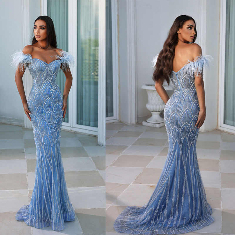 Modern Feather Mermaid Evening Dress Beading Off Shoulder Sleeveless Prom Gowns Zipper Floor Length Party Dresses Customized