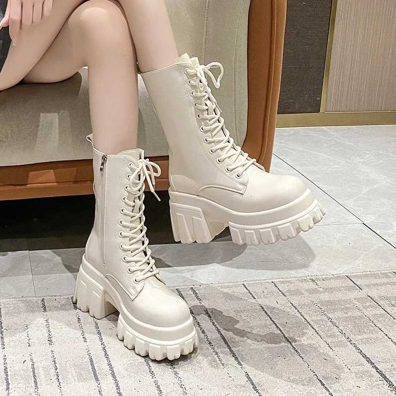 9CM Chunky Platform Ankle Boots Women 2024 New Autumn Winter Motorcycle Boots Women Thick Bottom Non-Slip Leather Combat Boots XJ250807