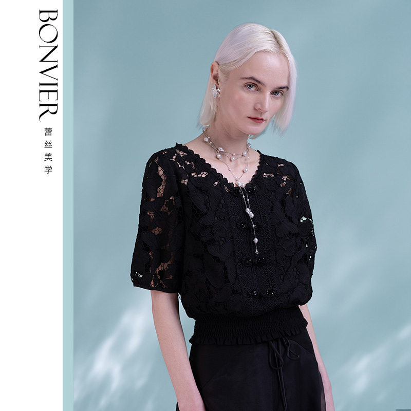 Women's Summer Tops 2025 Dressy Casual Short Sleeves V Neck Buttons Hollow Out Lace Embroidered Blouses Shirts 6112531