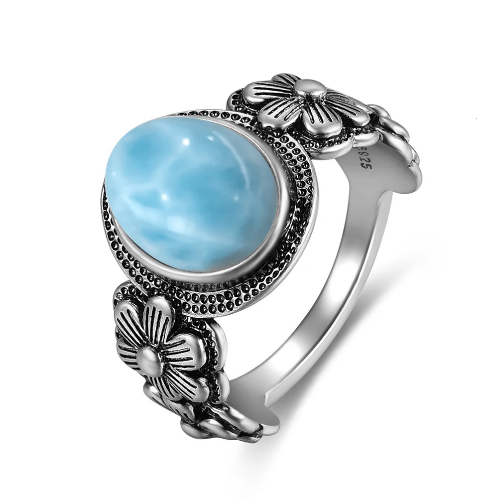 Vintage 925 Silver Ring Natural Larimar Stone Ring Round Flower Shape Sky Blue Summer Ring Fine Jewelry Gift for Men Women 250730