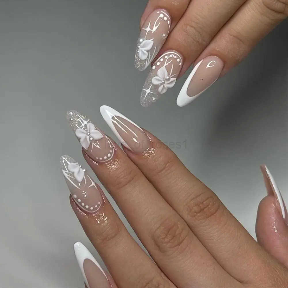 24Pcs French Almond Fake Nails with Rhinestone Wearable Stiletto Acrylic False Nails with Glue White Edge Design Press on Nails Z250807