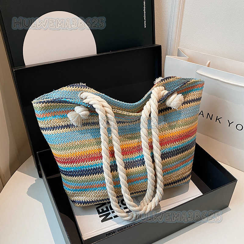 Summer Striped Straw Bag for Women 2025 New Trendy Fashion Large Capacity Commuter Shoulder Bag Color Block Tote Bag H250806