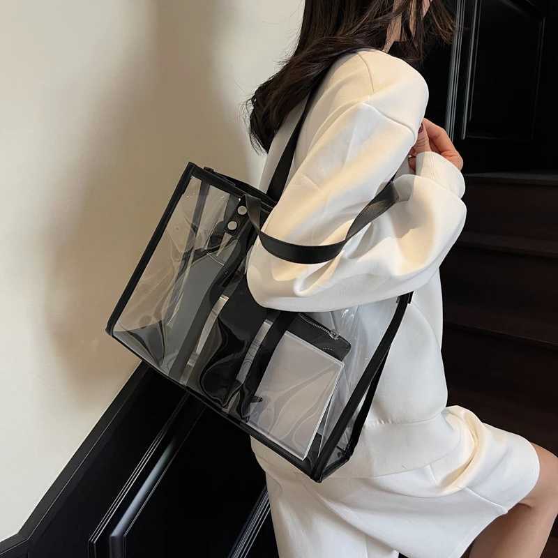2025 Summer Hot Transparent Shoulder Bag Set for Women 2-in-1 PVC Striped Large Capacity Shopping Totes Traveling Beach Handbag Z250807