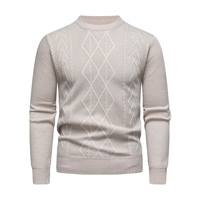 Mens Casual Sweater Round Neck Long Sleeve Knitted Diamond Pattern Fashion Versatile Top 250807
