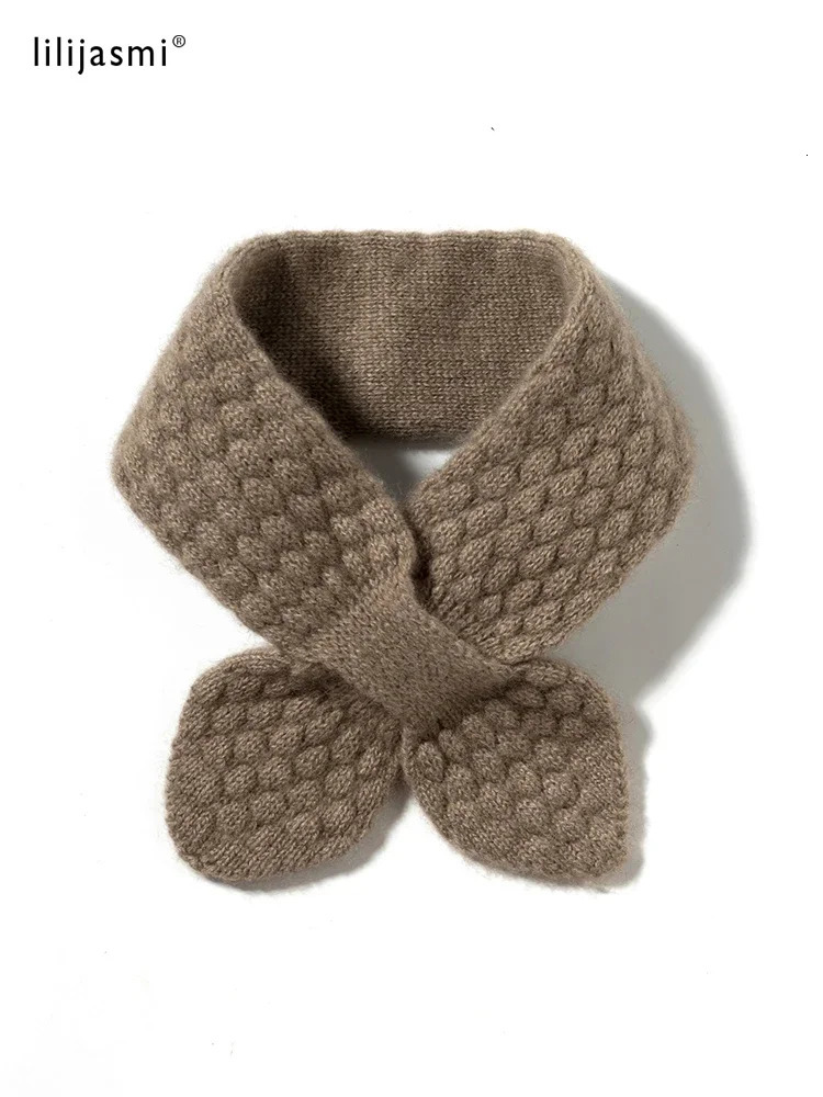 Women 100% Pure Cashmere Knitted Small Bowknot Scarf Neckerchief Moss Stitch Soft Neck Warmer Ring Collar Female Boutique Acc 250806