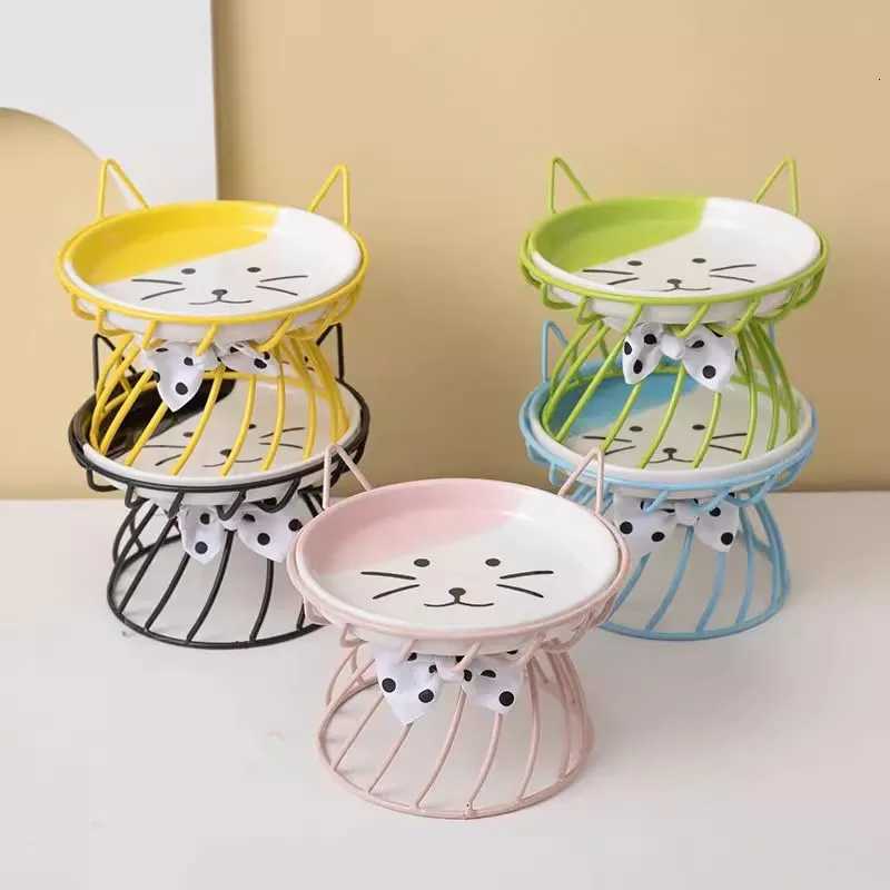 cute cat bowl Ceramic Pet Bowl Cat Food Feeding Stainless Steel Raised Stand Kitten Dog Water Feeder Durable Pet Accessories Y250806